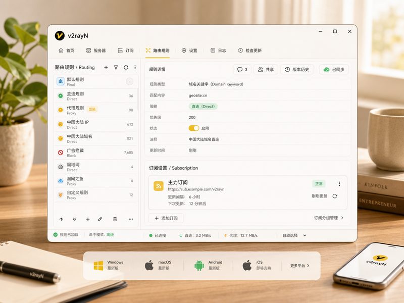 v2rayN直观的高级路由与域名IP分流设置面板